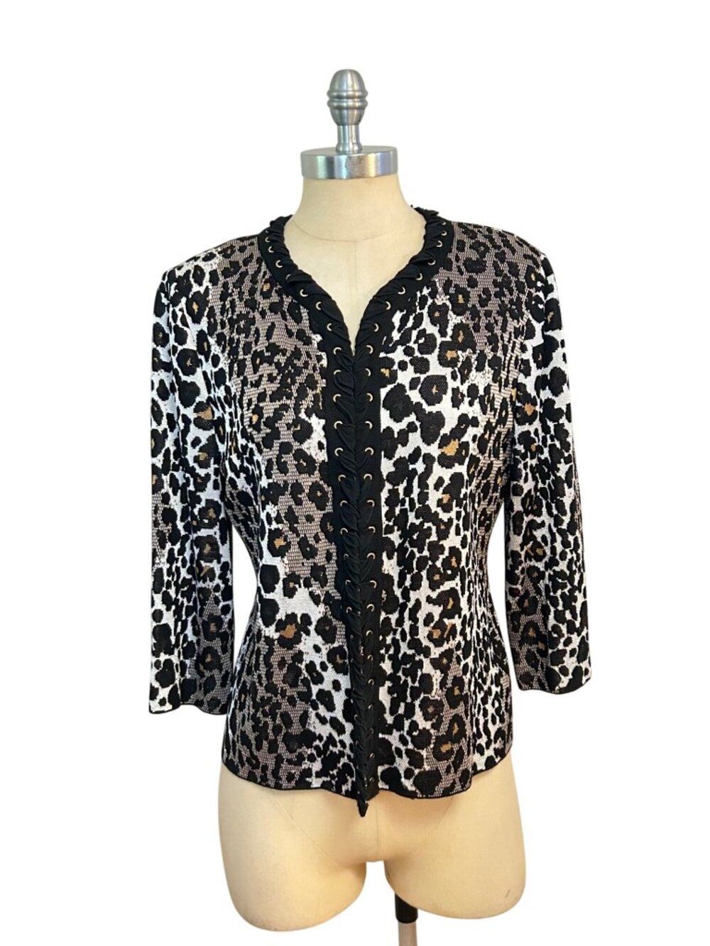 St John Boutique Imperial Leopard Wool Knit Cardigan Jacket Black size 8